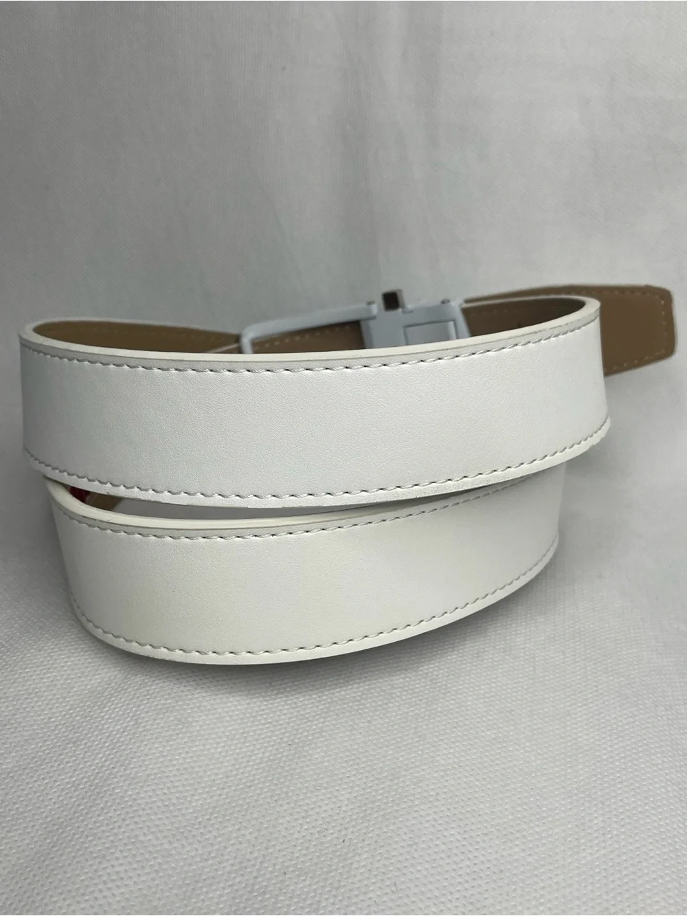 Nexbelt No Holes Ratchet Golf Belt Cut at 33” Grain Leather Mens White Metal Tan